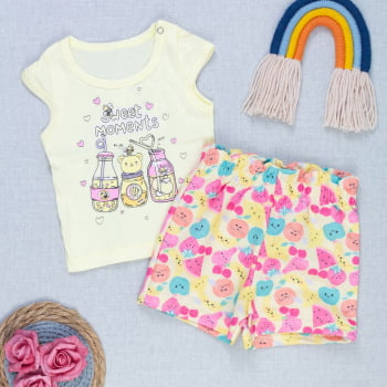 Kit Verão Menina Blusinha Cavada Estampada E Shorts Cinturado