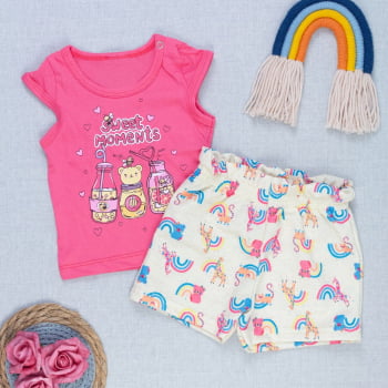 Kit Verão Menina Blusinha Cavada Estampada E Shorts Cinturado