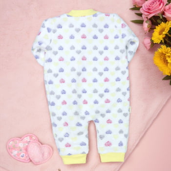 Macacão Bebê Creme Corações Ternura Em Fleece Com Zíper
