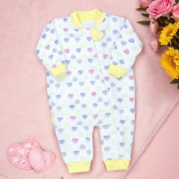 Macacão Bebê Creme Corações Ternura Em Fleece Com Zíper