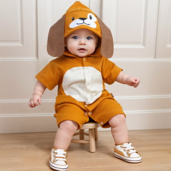 Macacão Curto Capuz Bichinho Cão Caramelo Para Bebê Menino