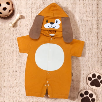 Macacão Curto Capuz Bichinho Cão Caramelo Para Bebê Menino