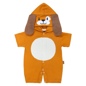 Macacão Curto Capuz Bichinho Cão Caramelo Para Bebê Menino