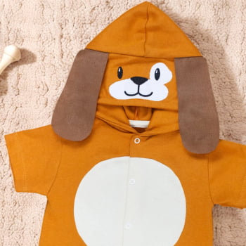 Macacão Curto Capuz Bichinho Cão Caramelo Para Bebê Menino