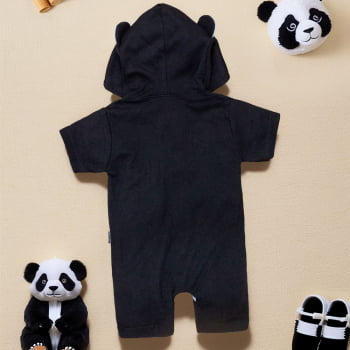 Macacão Curto Fantasia Panda Infantil Com Bordado No Capuz