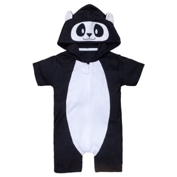 Macacão Curto Fantasia Panda Infantil Com Bordado No Capuz