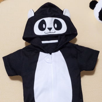 Macacão Curto Fantasia Panda Infantil Com Bordado No Capuz
