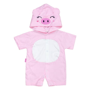Macacão De Bebê Curto Capuz Bichinho Bordado Porquinha Rosa