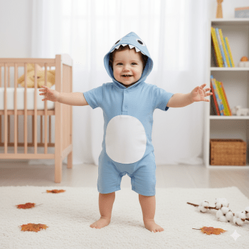 Macacão De Bebê Curto Capuz Bordado Tubarão Azul Claro