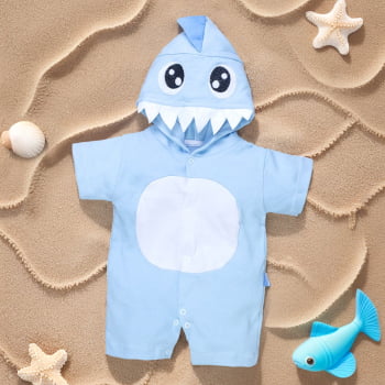 Macacão De Bebê Curto Capuz Bordado Tubarão Azul Claro