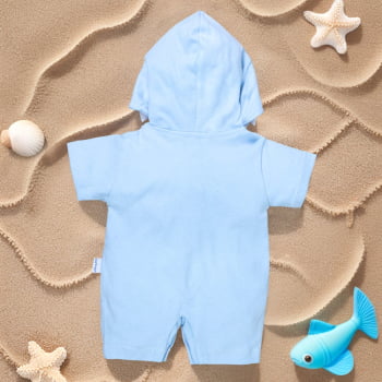Macacão De Bebê Curto Capuz Bordado Tubarão Azul Claro