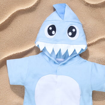 Macacão De Bebê Curto Capuz Bordado Tubarão Azul Claro