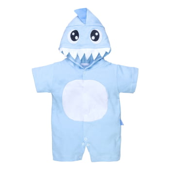 Macacão De Bebê Curto Capuz Bordado Tubarão Azul Claro