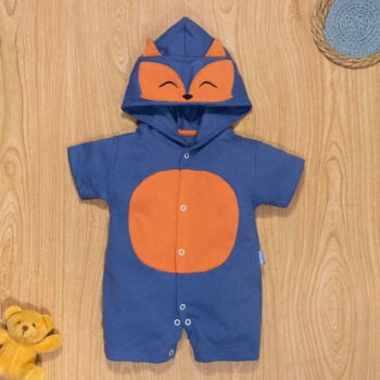 Macacão De Bebê Curto Com Capuz Bichinho Bordado Raposa Azul