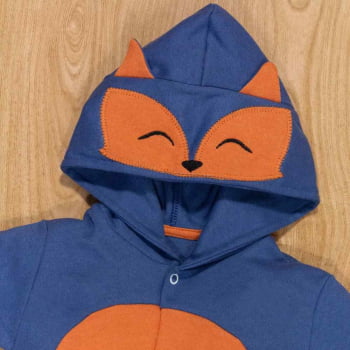 Macacão De Bebê Curto Com Capuz Bichinho Bordado Raposa Azul