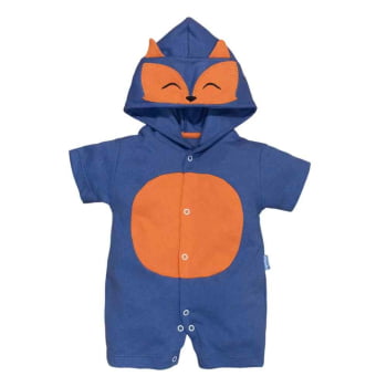 Macacão De Bebê Curto Com Capuz Bichinho Bordado Raposa Azul