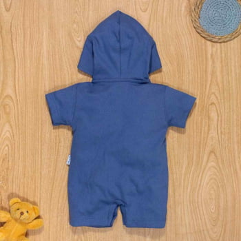 Macacão De Bebê Curto Com Capuz Bichinho Bordado Raposa Azul