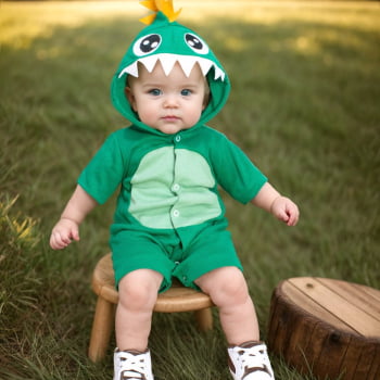 Macacão De Bebê Curto Com Capuz Bichinhos Bordado Dino Verde