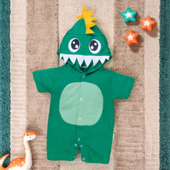 Macacão De Bebê Curto Com Capuz Bichinhos Bordado Dino Verde