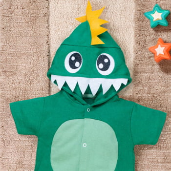 Macacão De Bebê Curto Com Capuz Bichinhos Bordado Dino Verde