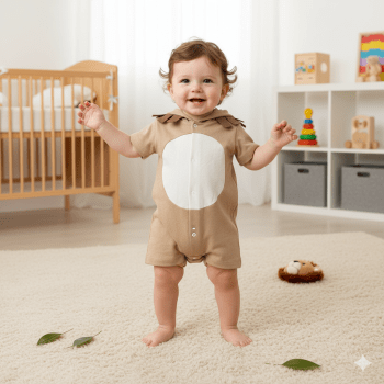 Macacão De Bebê Curto Com Capuz Bichinhos Bordado Leão Bege