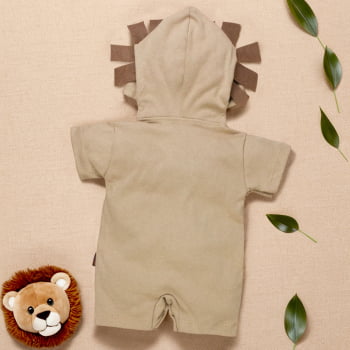 Macacão De Bebê Curto Com Capuz Bichinhos Bordado Leão Bege