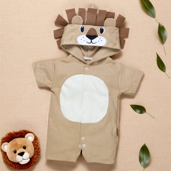 Macacão De Bebê Curto Com Capuz Bichinhos Bordado Leão Bege
