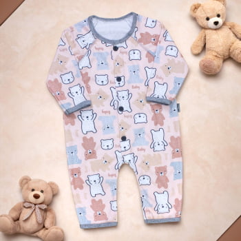 Macacão Estampado Ursinhos Baby Bege - Suavidade Total