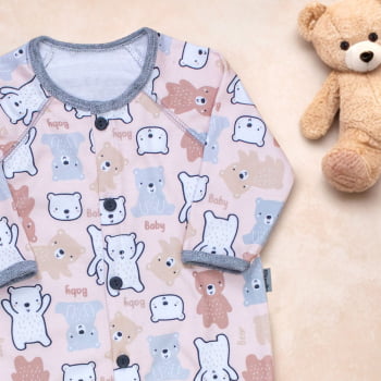 Macacão Estampado Ursinhos Baby Bege - Suavidade Total
