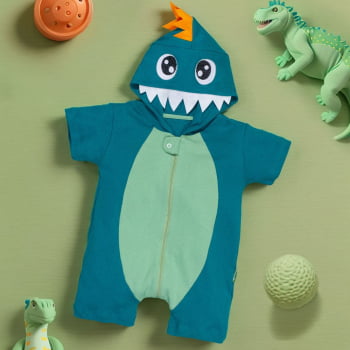 Macacão Infantil Curto Com Capuz Bordado Dino Verde