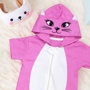 Macacão Infantil Curto Com Capuz Bordado Gatinha Pink