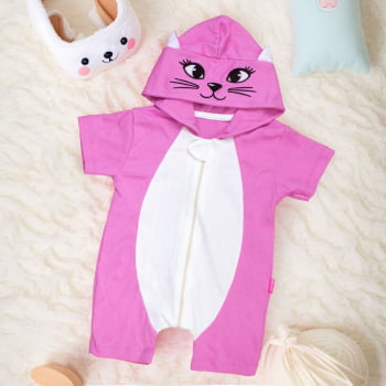 Macacão Infantil Curto Com Capuz Bordado Gatinha Pink