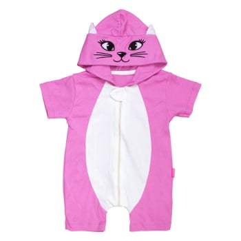 Macacão Infantil Curto Com Capuz Bordado Gatinha Pink