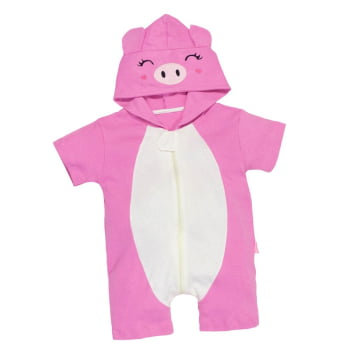 Macacão Infantil Curto Com Capuz Bordado Porquinha Rosa