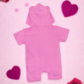 Macacão Infantil Curto Com Capuz Bordado Porquinha Rosa