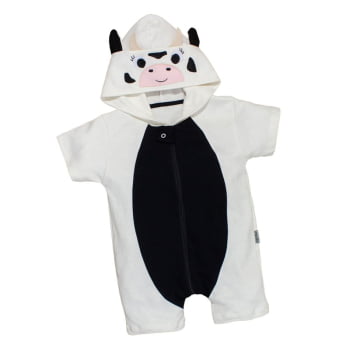 Macacão Infantil Curto Com Capuz Bordado Vaquinha Creme