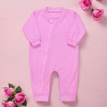 Macacão Longo Bebê Suedine Rosa Chiclete - Zíper Básico