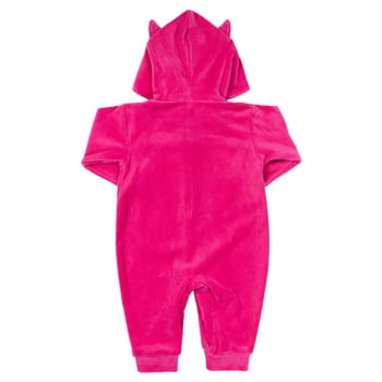 Macacão Longo Em Plush Para Bebê Capuz Bordado Gatinha Pink
