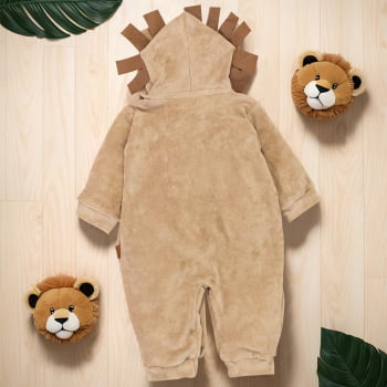 Macacão Para Bebê Em Plush Com Capuz Bordado De Leão Bege