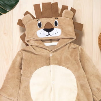 Macacão Para Bebê Em Plush Com Capuz Bordado De Leão Bege