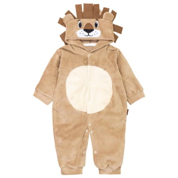 Macacão Para Bebê Em Plush Com Capuz Bordado De Leão Bege