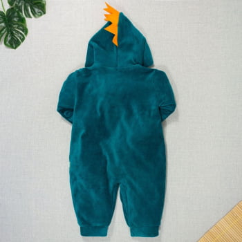 Macacão Para Bebê Em Plush Com Capuz Bordado Dino Verde Esmeralda