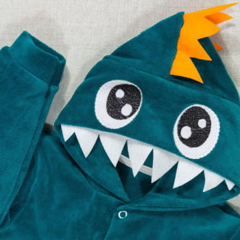 Macacão Para Bebê Em Plush Com Capuz Bordado Dino Verde Esmeralda