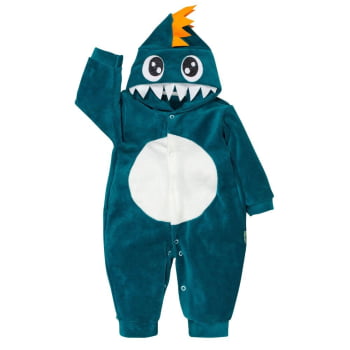Macacão Para Bebê Em Plush Com Capuz Bordado Dino Verde Esmeralda