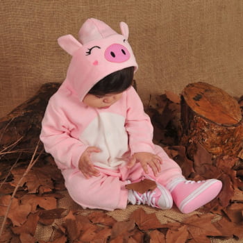 Macacão Para Bebê Em Plush Com Capuz Bordado Pig Rosa Claro