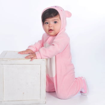 Macacão Para Bebê Em Plush Com Capuz Bordado Pig Rosa Claro