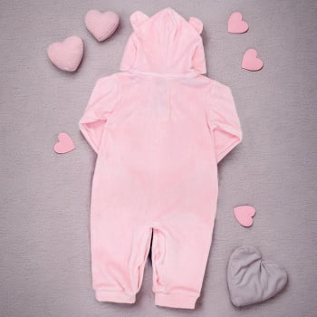 Macacão Para Bebê Em Plush Com Capuz Bordado Pig Rosa Claro