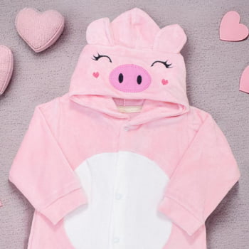 Macacão Para Bebê Em Plush Com Capuz Bordado Pig Rosa Claro