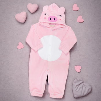 Macacão Para Bebê Em Plush Com Capuz Bordado Pig Rosa Claro