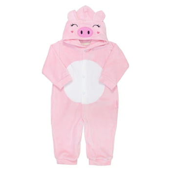 Macacão Para Bebê Em Plush Com Capuz Bordado Pig Rosa Claro